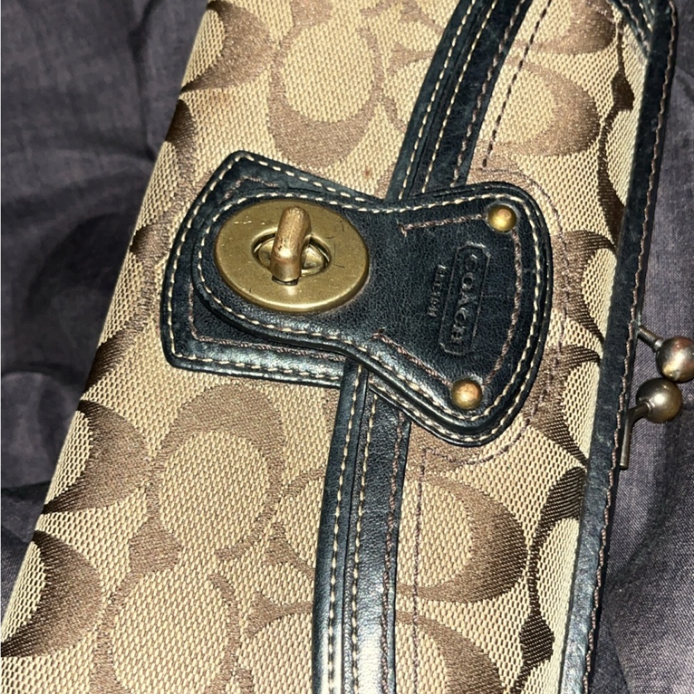 Coach Khaki and Brown Signature Canvas Wallet with Black Trim